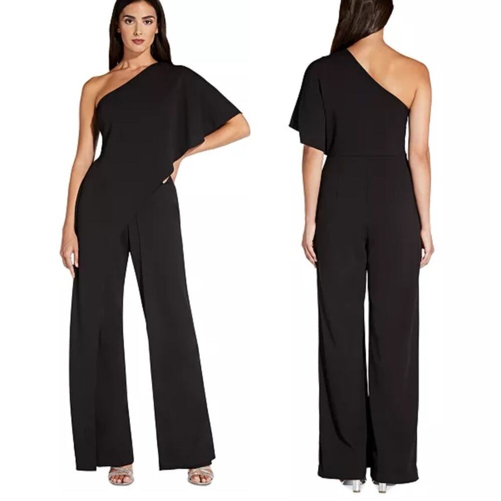 ADRIANNA PAPELL Black One-Shoulder Wide Leg Jumpsuit Size 2 Formal Cocktail - Picture 8 of 8